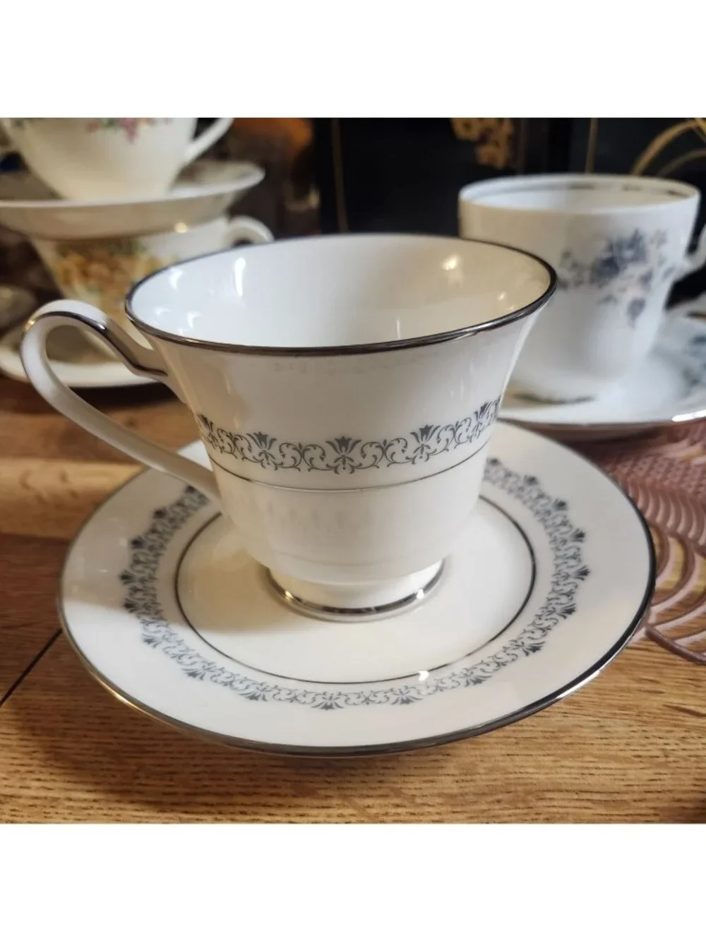 Mismatched China Tea Cups & Saucers Blues 5 Sets Floral Porcelain